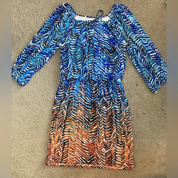 Maggy London Y2K Orange and Blue Chevron Print Long Sleeve Dress Size 6 - Picture 1 of 4